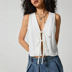Blouses Spring Summer Fitting Slim Casual Lace-Up Sleeveless V-Neck Daily Blouses For Women voguable