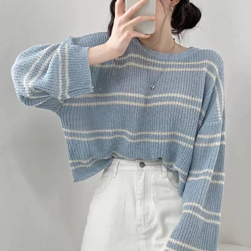 Pullover Women Striped Knit Sweater Comfy Lightweight Long Sleeve Crew Neck Jumper Female Teen-girl Casual Daily Outfit voguable