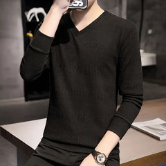 Autumn Winter New Fashion V-neck Long Sleeve Embossed Pattern Pullovers Men's Clothing Solid Knitting Casual All-match Chic Tops voguable