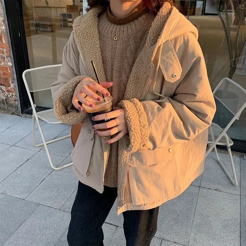 Women Oversized Parkas Hooded Thick Coat Ladies Soft Kawaii Jacket Double Sided Outerwear Autumn Winter Warm Long Sleeve Bomber voguable