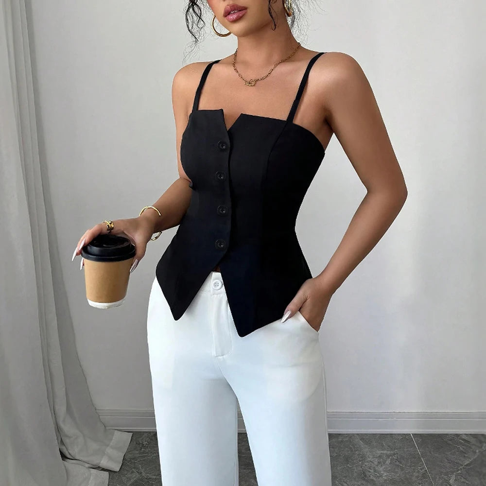 Tanks Spring Summer Skinny Fit Korean Single Breasted Sleeveless Square Neck Fashion Tanks For Women voguable