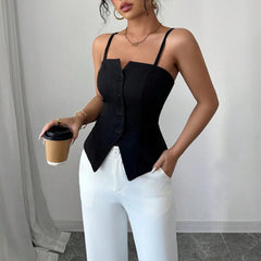 Tanks Spring Summer Skinny Fit Korean Single Breasted Sleeveless Square Neck Fashion Tanks For Women voguable