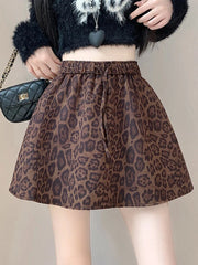 Y2K Leopard Mini Skirt Women High Waist Faux Suede Fabric A Line Skirts Streetwear Fall Winter Loose Vintage Sexy Skirts voguable
