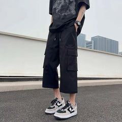 Summer Casual Pants Men Fashion Pocket Cargo Pants Men Japanese Streetwear Hip-hop Loose Wide Leg Pants Mens Cropped Pants voguable