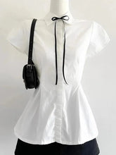 Back Bow White Shirt Women Slim Lace Up Elegant Blouse Vintage Casual Preppy Style Simple Short Sleeve All Match Tops New voguable