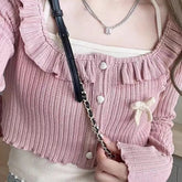 Voguable Deeptown Kawail Cropped Knitted Cardigan Bow Slim Sweater Japanese Fashion Women's Aesthetic Knitwear Spring Cute Sweet Preppy voguable