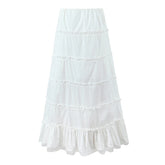 Women Lace Spliced Drawstring Waist White Long Skirt Summer Lady Ruffle Hem A-line Holiday Maxi Skirt Cotton