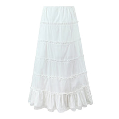 Women Lace Spliced Drawstring Waist White Long Skirt Summer Lady Ruffle Hem A-line Holiday Maxi Skirt Cotton