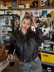 Y2K American Pu Leather Women Jacket Y2K Brown Vintage Long Sleeve Stand Collar Crop Coats Hip Hop Streetwear Zipper Outerwear voguable