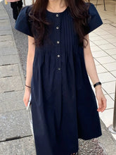 Voguable Summer Thin A-Line Dress Women's Bubble Sleeve Pleated round Neck Lazy Style Design Sense Dress Korean Style Loose Waist Knit... voguable