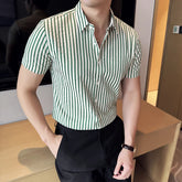 Men Striped Shirt 2024 Summer Light and Thin Breathable Sweat Absorbing Short Sleeved Slim Fit Casual Pleated Shirt Men clothing voguable