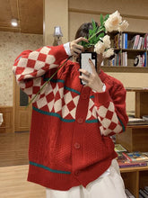Voguable Christmas Red Women Argyle Cardigan Vintage Oversize Knitted Tops Korean Lazy Wind Loose Female Preppy Style Sweater New voguable
