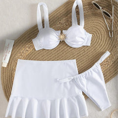 Voguable Women Solid White 3 Piece Bikini Set Underwire Gold Buckle Wide Strap Side Tie Ruffle High Waist Mini Skirt Beach Swimwear voguable