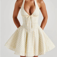 Sexy Backless Halter Mini Plaid Dress Women Deep V Lacing Up Bandage Back A-line Holiday Summer Dresses Short Robe voguable