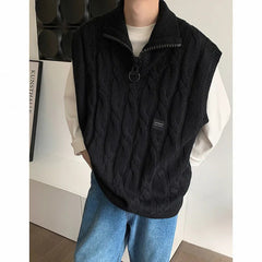 Autumn Short Sweater Vest Men Fashion Casual Lapel Knit Pullover Men Korean Loose Zipper Sleeveless Sweater Mens Jumper Clothes voguable