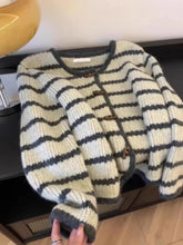 European Goods Retro Striped Knitted Outerwear Women Autumn and Winter Idle Sle Horn Buckle V-neck Loose Crop Sweater Cardigan voguable