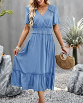 Voguable Summer New Women's Fashion Style Collection Waist Split Long Sleeve Slim Short Sleeve Solid Color V-neck Dress voguable