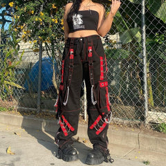 Cyber Punk Unisex Cargo Wide Leg Pants Chain Bandage Ruched Tie Capris Pants Women Gothic Baggy Trousers BF Hippie Grunge Jogger voguable