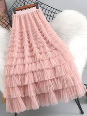 Summer Elegant Women Tulle Skirt Korean Fashion Mesh A Line Ladies Cake Skirt High Waist Loose Party Female Skirts New voguable