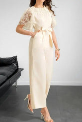 Voguable Women's jumpsuit satin bow pocket decoration round neck jumpsuit summer new fashionable and elegant commuting style voguable