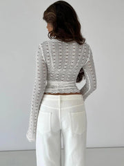 Bandage Hollow Out V-Neck T-shirt Top Women's Bandage Long Sleeve See-Through Sexy Casual Pullover Female Printed Tee Top voguable