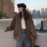 Voguable Gidyq Vintage Women Pu Leather Jacket Casual High Street Moto Biker Techwear Coat Oversized Leather Fall Black Cropped Outerwear voguable