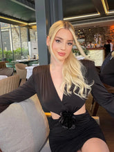 Sexy Deep V 3D Flower Women's Dress Bodycon Hollow Out Backless Long Sleeve Folds Female Mini Dress Party Club voguable