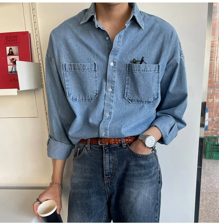 Denim Shirt Men Long-sleeved Casual Korean Turn down Button Shirts with Pocket Streetwear Luxury Clothing Loose Stylish
