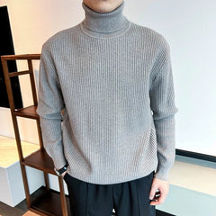 New Korean Retro Men Basic Sweater Luxury Knit Solid Color Turtleneck Long Sleeve Pullover Casual Textured High Quality Knitwear voguable