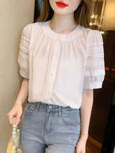 Voguable French Round Collar Ruffle Puff Sleeve Blouse Women's Summer New Fashion Elegant Slimming Short Sleeve Versatile Top voguable