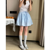 Cotton Casual Short A-line Skirt for Women High Waist Blue Elastic Waist Tie bow Sweet Loose Sports Skirt with Safety Shorts voguable