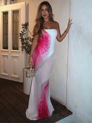 Mesh Floral Print Sexy Maxi Dress For Women Gown Off-shoulder Strapless Sleeveless Backless Bodycon Club Long Dress voguable