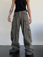High street retro casual large pocket overalls men's and women's new summer high waist loose straight tube draped wide leg pants voguable