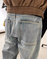 Voguable Retro American Blue Washed Cleanfit Workwear Jeans Men's High Street Double Knee Logging Vibe Long Trousers Casual Straight L... voguable