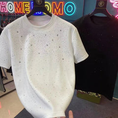 Men's T-shirt Summer High Quality Round Neck with Hot Diamond Pentagram Printing Trend Slim Fit Cotton Black Short Sleeve Tee voguable