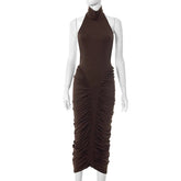 Voguable Asymmetrical Sexy Halter Backless Ruched Summer Dresses for Women Fashion Solid Sleeveless Streetwear Midi Dress Ladies voguable