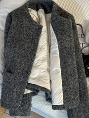 Vintage Faux Woolen Coat Women Warm Winter Thick Long Sleeve Gray Cotton Jacket Female Retro O Neck Pockets Casual Tops New voguable