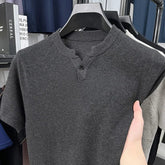 New Men Luxury Chinese O Collar T-Shirt Leisure Slim Button-down Solid Color Short Sleeve Tops Summer Breathable Basic Knitwear voguable