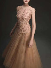 New High Neck Women Dress Sleeveless Exquisite 3D Floral Embellishments Flowing Tulle Long Dresses Female voguable