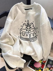 Cute Cake Print Sweatshirt Women Long Sleeve Loose Japan Kawaii Pullovers Fall Preppy Style O Neck Vintage Casual Sweet New Tops voguable