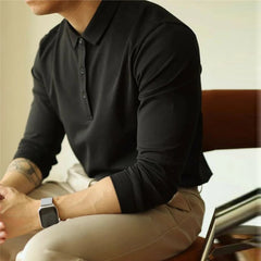 New American Retro Men Polo Shirt Light Luxury Solid Color Slim-fit Commuting Long Sleeve T-shirt Leisure Business Pullover Tops voguable