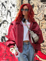 Women Wine Red Zipper Leather Jacket Casual Long Sleeve Lapel Cropped Coat Vintage Autumn Fashion Outerwear voguable