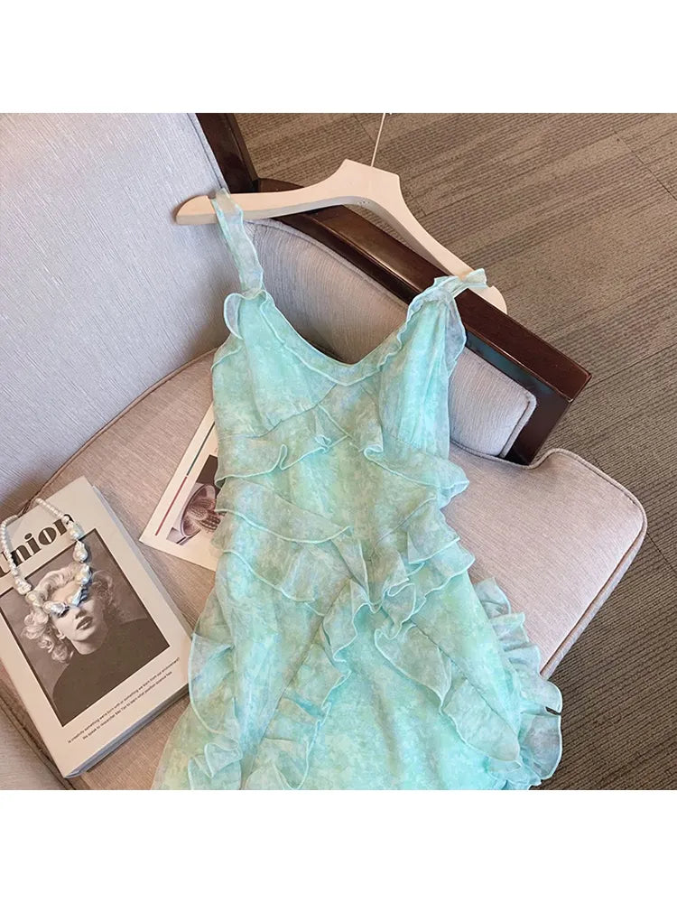 Voguable Summer Women's Vintage Elegant Light Green Dress Casual Spaghetti Strap Sleeveless Camisole Suspender Female Dresses voguable