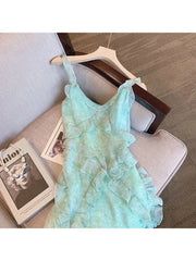 Voguable Summer Women's Vintage Elegant Light Green Dress Casual Spaghetti Strap Sleeveless Camisole Suspender Female Dresses voguable