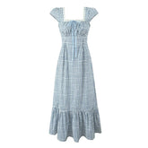 Women Casual Vintage Plaid Dress Elegant Square Neck Short Sleeve A-line Summer Long Dress Vacation Maxi Robe voguable