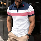 Voguable Business Casual Men Polo Shirts Summer New Lapel Striped Button Contrast Color Streetwear Fashion Office Social Short Sleeve Top voguable