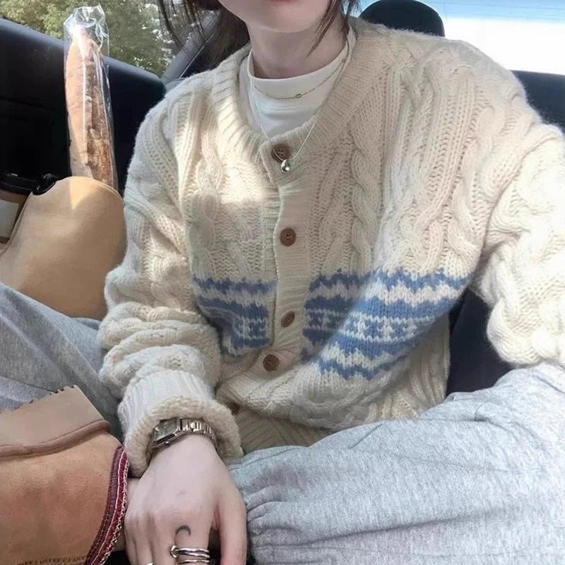 Fair Isle Cardigan for Women Comfy Cable Knit Button-up Sweater Jacket Cozy Knitwear Teen-girl Fall Winter Vintage Outfit voguable