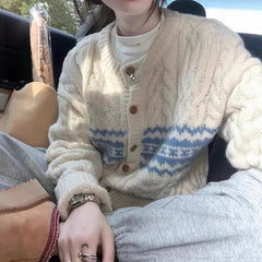 Fair Isle Cardigan for Women Comfy Cable Knit Button-up Sweater Jacket Cozy Knitwear Teen-girl Fall Winter Vintage Outfit voguable