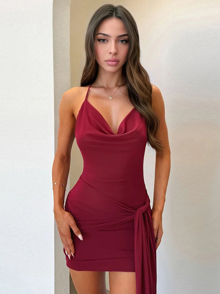 Halter Backless Draped Sexy Mini Dress Women Robe Fashion Off-shoulder Sleeveless Backless Bodycon Ruched Club Dresses voguable