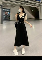 Voguable Summer Lapel Style Short Sleeved Dress For Women With A Slim Waist Academic Style A-shaped Skirt Long Skirt voguable